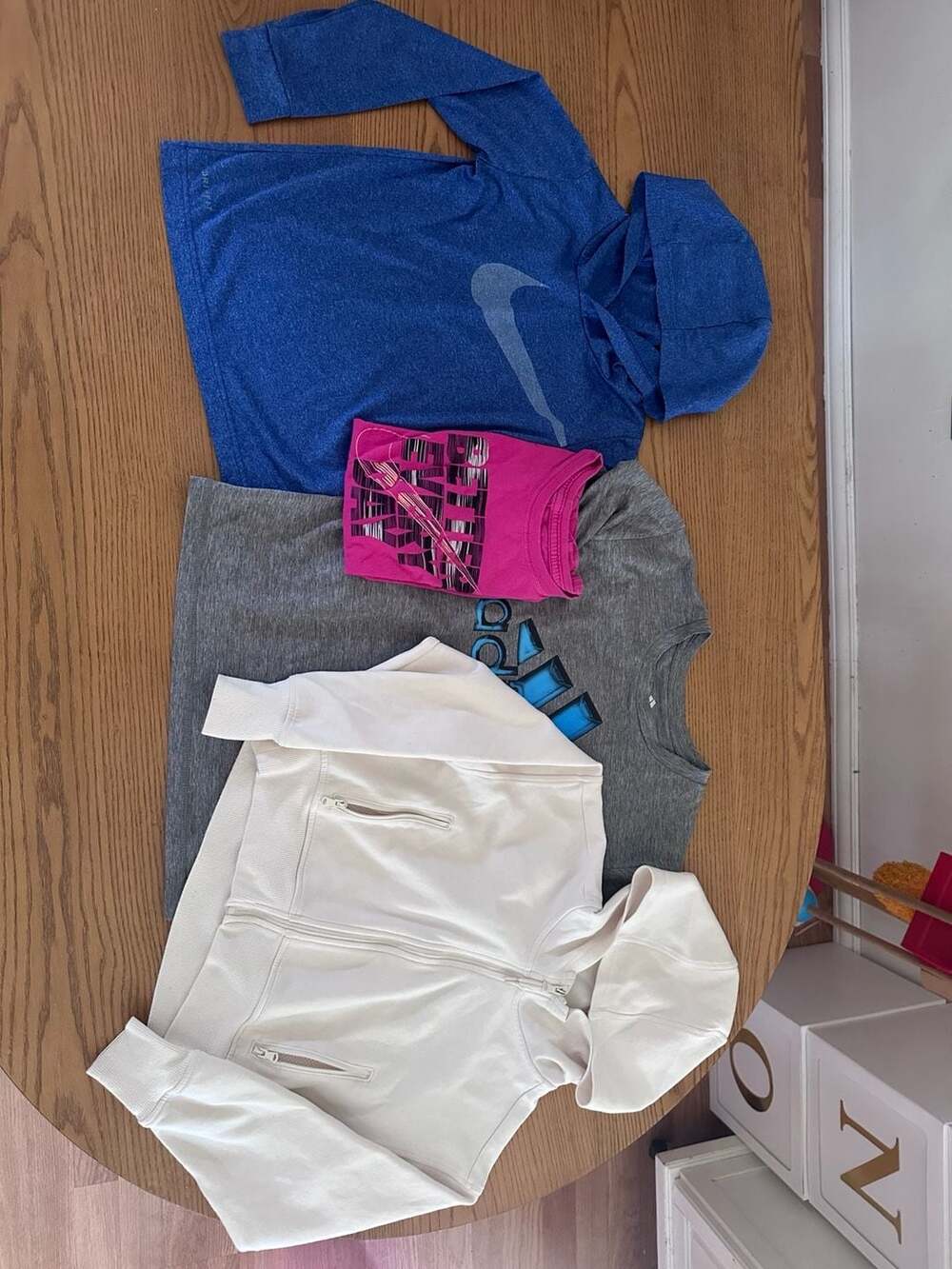 Girls 4-Piece Athletic Clothing Bundle: Nike Blue Hoodie, Adidas Gray T-Shirt, O